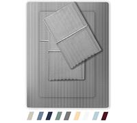 Feather & Stitch - Set di 4 lenzuola damascate in 100% morbido cotone traspirante, con tasche profonde da 45,7 cm, in rasatello a 500 fili, motivo a righe, decorazione di lusso, colore: grigio