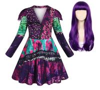 Febbabe Descendants Mal Costume da ragazza a maniche lunghe viola con cerniera giacche vestito per bambini Halloween Costumi Giornata mondiale del libro con parrucca 5-6 anni