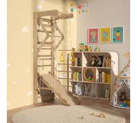 FEBORY Set da parete per arrampicata in legno per interni, in legno di pino naturale, 190 x 60 cm, palestra per bambini con scivolo, anelli e scala in corda, capacità di carico 45,4 kg