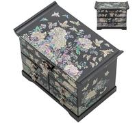 February Mountain Scatola organizer per gioielli in legno madreperla - Scatola per gioielli da donna, con cassetti spaziosi, ideale per anelli, bracciali, orologi, catene, accessori (nero)