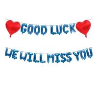 Fechy Striscione con palloncini in lamina a forma di cuore con scritta "Good Luck We Will Miss You", decorazione per feste di addio, blu, lettera 40,6 cm, cuore 45,7 cm, nastro da 10 m