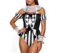 Feclmiyt Costume da clown mortale da donna, costume da arlecchino con spalle scoperte e orlo increspato, tuta da 5 pezzi, costume da clown da circo per Halloween