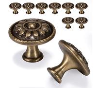 Fecraf 10 Pack Antique Brass Cabinet Knobs, Vintage Retro Drawer Knobs, Solid Round Dresser Knobs for Nightstands Single Hole Cabinet Hardware, Diameter 1.18in