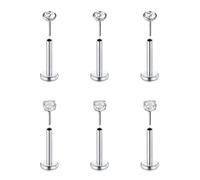 FECTAS 6pcs Senza Filo Push-in Cartilagine Tragus Helix Piercing Gioielli Flat Back Stud Orecchini in Acciaio Inox 16G 8mm Lip Bars Labret Stud Lip Ear Medusa Piercing 2mm CZ Silver