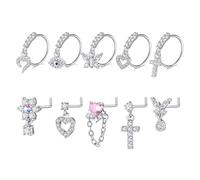 FECTAS Orecchini Pendenti per Naso a Gancio in Acciaio Chirurgico in Oro e Argento a Forma di L, 18 g, 20 g, 7 mm, 10 mm, con Diamante, Cuore, Farfalla, Occhio del Male, Croce, Fiore, 10mm ring, 7mm