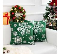 Federa Cuscino 45x45 Federe Cuscini Natalizi Decorativo Fiocchi di Neve Copricuscini Natale Divano Velluto Moderni Copriguanciale con Cerniera per Divani Camera Invernali (2 Pezzi, Verde)