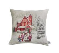 Federa Cuscino Natalizia, Villaggio, Motivo Natalizio, Pupazzi di Neve, Paesaggio, Lurex Oro, Alberi Innevati, in Gobelin, dimensioni 45x45cm