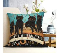 Federa decorativa per cuscino, 30,5 x 30,5 cm, moderna, quattro gatti neri sdraiati sul pianoforte, per sedia, divano, decorazione per la casa