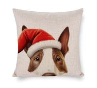 Federa decorativa per cuscino con cappello natalizio che sbircia il cane Bull Terrier, 66 x 66 cm, per divano, letto, soggiorno, casa, feste, regali di compleanno per gli amanti dei cani