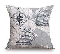 Federa decorativa per cuscino con mappa nautica a vela e ancora, in cotone e lino, decorazione per divano, 40 x 40 cm