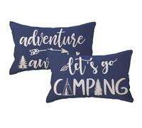 Federa decorativa per cuscino lombare con scritta "Let's Go Camping/Adventure Awaits", 30 x 50 cm, confezione da 2, per divano, veranda, blu