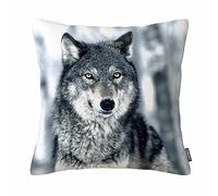 Federa decorativa per cuscino, serie animale, motivo: lupo, 45,7 x 45,7 cm, in cotone e lino
