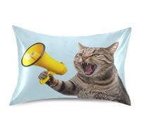 Federa in raso con gatto che urla divertente, colore azzurro, standard queen size e king size, morbida stampa decorativa con animali, L 101 x 50 cm