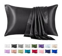 Federa in raso effetto seta, queen size, nera, liscia e rinfrescante, per capelli e pelle, con chiusura a busta, regalo per donne e uomini, confezione da 2 (50 x 76 cm, nero)