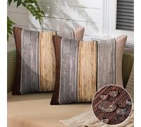 Federa per cuscino 40 x 40 cm, colore marrone, impermeabile, effetto lino, moderna, decorativa, grigio, marrone, strisce di legno, vintage, per patio, giardino, esterni, set da 2 pezzi