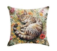 Federa per cuscino a forma di gatto, 45 x 45 cm, regalo per donne, regalo per gli amanti dei gatti, graziosa federa in lino con stampa floreale in stile pastorale, per divano, letto, soggiorno,