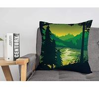 Federa per cuscino Abete Ecologia Grafica Montagna Fiume Greenwood Foresta Stagione romantica Legno Panorama Scena solare Coperture per cuscini accoglienti 18 x 18 pollici per letto Car Lving