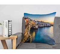 Federa per cuscino blu paesaggio Puglia Italia tramonto paesaggio Polignano Mare vista mare costa adriatica Puglia skyline accogliente lino quadrato decorativo federe per divano letto 45,7 x 45,7 cm