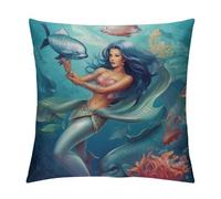Federa per Cuscino Blue Beautiful Fish Girl And Dolphin Play Underwater Fodere Cuscini Moda Decorativi Federa, per Auto, Stanza, Sedia, 45x45cm