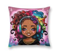 Federa per Cuscino Compatible with African American Black Girl Listen To Music Art Fodere Cuscini Moda Decorativi Federa, per Divano, Letto, Interni Ed Esterni, 45x45cm