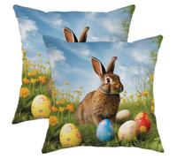 Federa per cuscino con cerniera, motivo pasquale, fiori e piante, uovo di primavera, coniglietto, moderno, naturale, verde acqua e marrone, in velluto, lavabile, confortevole, morbido, per divano e