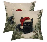 Federa per cuscino con gatto e cappello natalizio rustico, rami di pino rosso, con cerniera nascosta, per casa, soggiorno, camera da letto, dormitorio, divano, 30,5 x 30,5 cm