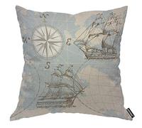 Federa per cuscino con mappa del mare, con bussola del mondo, nave a vela e barca a vela, viaggio storia, viaggio oceano, federa decorativa da uomo, 45 cm x 45 cm