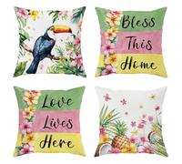 Federa per cuscino con motivo floreale tropicale, fiori colorati e tucano, per l'estate, la casa, il soggiorno, accessori morbidi e luminosi, 50 x 50 cm