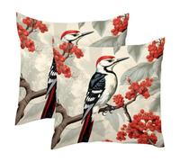 Federa per cuscino con picchio su ramo di bacche rosse, 2 pezzi, federa per cuscino in morbido velluto, moderna, decorativa, double-face, 50 x 50 cm (inserti non inclusi)