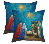 Federa per cuscino con scena del presepe, sfondo blu, decorazione natalizia per casa, divano, camera da letto, soggiorno, 50 x 50 cm