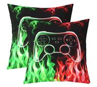 Federa per cuscino con videogiochi, confezione da 2, colore rosso e verde, per ragazze, ragazzi e donne, con fiamme brucianti, stile moderno, per soggiorno, divano, letto, 61 x 61 cm (lunghezza x