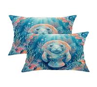 Federa per cuscino da esterni, motivo mucca marina, con alghe corallo, blu estivo, impermeabile, per tutte le condizioni atmosferiche, per esterni, patio, portico, mobili da giardino, 50 x 30 cm