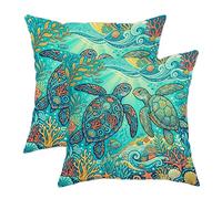 Federa per cuscino da esterno, motivo tartaruga, con vivaci alghe marine e coralli, color turchese estivo, impermeabile, per tutte le stagioni, per veranda, panca, mobili da terrazza, 40,6 x 40,6 cm