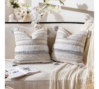 Federa per cuscino decorativo BlissBlush grigio 18X18 set combinato di 2 federe quadrate Boho grigio neutro con nappe, cuscino stile fattoria per