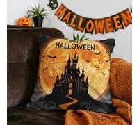 Federa per cuscino di Halloween, 45,7 x 45,7 cm, 1 federa per cuscino per decorare la casa e le decorazioni esterne, con stampa di castello spettrale di Happy Halloween, pipistrelli e luna arancione