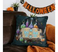 Federa per cuscino di Halloween, 45 x 45 cm, 1 federa per cuscino per decorazione domestica e decorazioni di Halloween all'aperto, libro degli incantesimi, bottiglie di pozioni, corvo e simboli