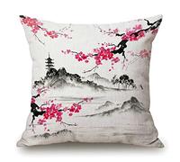 Federa per cuscino giapponese a forma di acquarello, con fiori di ciliegio e fiori di Sakura, in cotone e lino, decorazione per divano, 40 x 40 cm