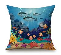 Federa per cuscino in cotone e lino, motivo pesce oceano, blu, oceano, tropicale, per casa, divano, 40 x 40 cm (federa per cuscino)