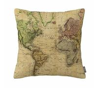 Federa per cuscino in cotone e lino, stile vintage, con mappa del mondo, 45,7 x 45,7 cm