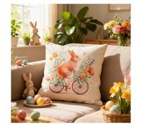 Federa per cuscino in stoffa a tema pasquale con personaggio illustrato di coniglietto dimensioni 44 x 44 cm per arredamento soggiorno (N3-1 blu)