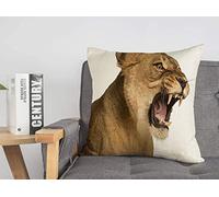 Federa per cuscino Leone primo piano Leonessa ruggente Panthera Leo 10 animali Fauna selvatica Roar Head Nessuna femmina Arrabbiato Headshot Accogliente lino quadrato Copricuscino decorativo per div