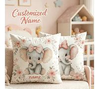 Federa per cuscino personalizzata con elefante, 1 pezzo, rosa, floreale acquerello con fiocco, nome personalizzato, morbida in poliestere, per cameretta neonata, camera dei bambini, decorazione divano