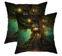 Federa per cuscino primaverile quadrata glitterata con albero magico per bambini, in velluto verde, giallo, confortevole, decorativo, per divano, camera da letto, appartamento, divano, set da 2, 45,7