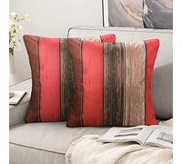 Federa per cuscino rosso 45 x 45 cm, in lino, 45 x 45 cm, set da 2 pezzi, motivo a strisce colorate, stile rustico, fienile, in legno, colore rosso, arancione, grigio, per divano, sedia, balcone, con