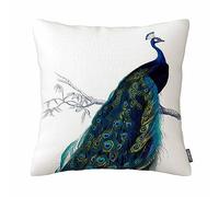 Federa per cuscino vintage blu con pavone colorato, 45,7 x 45,7 cm, double face, in cotone e lino