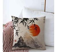 Federa per Cuscino Zen Bamboo Trees Red Sun Mountains Traditional Japanese Fodere Cuscini con Cerniera Invisibile Quadrato Federa, per Divano, Sedia, Interni Ed Esterni, 45x45cm