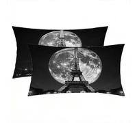 Federa Seta Cuscino 60x80 cm Nero, Federe Cuscino Letto Set da 2 Benefica per Capelli e Pelle, Silk Pillowcase Doppia Faccia, Cerniera Nascosta, Liscia Fresca Traspirante, Regalo Donna (Parigi) -4649