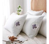 Federe bianche ricamate con fiori di lavanda con pizzo 100% cotone, confezione da 2 federe Queen Size 76,2 x 50,8 cm