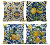 Federe Cuscini 45x45 cm Set di 4 Frutto Giallo Copricuscini Fodera per Cuscino in Lino con Cerniera Invisibile Blu Verde Fodere per Cuscini Divano da Esterno per Divano Letto Soggiorno Giardino
