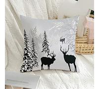 Federe Cuscini Christmas Deers Winter Landscape Tree Doe Collection Animal Silhouette Snow Reindeer Sketch Black Copricuscino Standard Federa Lavabile Cuscino Decorativo per Balcone 45X45CM